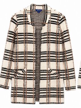 Plaid Open Front Cardigan Coat Cream Black Metallic Women’s M